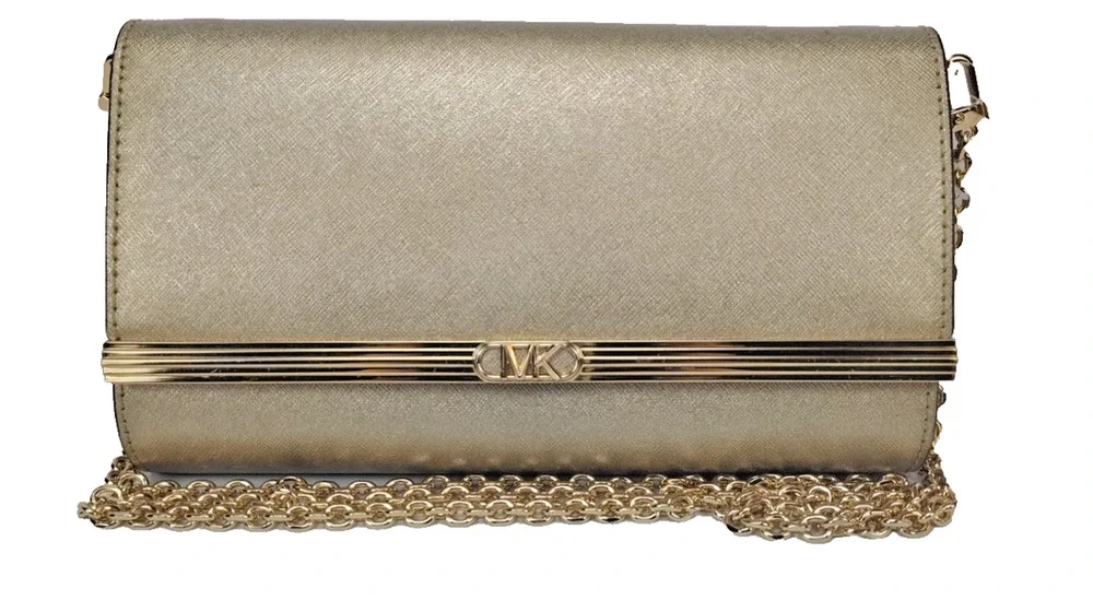 Michael Kors Mona Leather Clutch/Crossbody/Shoulder Bag - Metallic Gold - NWT
